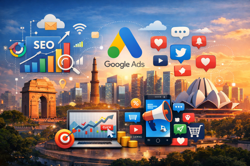 Digital marketing themed illustration of Delhi city with SEO, Google Ads, and social media icons.